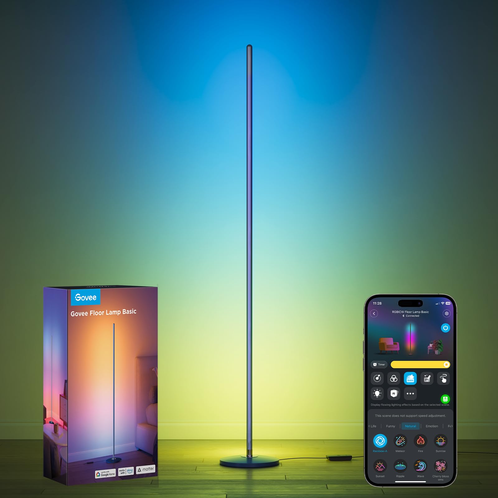 Govee RGBIC Floor Lamp Basic, LED Corner Lamp Works with Alexa, 1000 Lumen Smart Modern Floor Lamp with Music Sync and 16 Million DIY Colors, Color Changing Standing Lamp for Bedroom Living Room Black